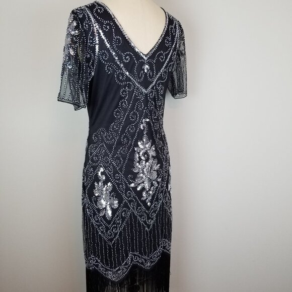 Classic 1920's Style Black Organza Beaded Flapper Style Dress NEW w/Tags Large - Picture 7 of 12